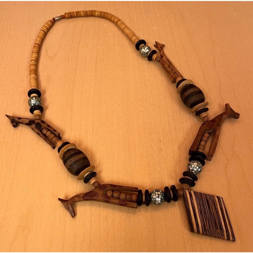 Wooden Carved Beads Giraffe Mosaic Necklace Striped Diamond Shape Pendant